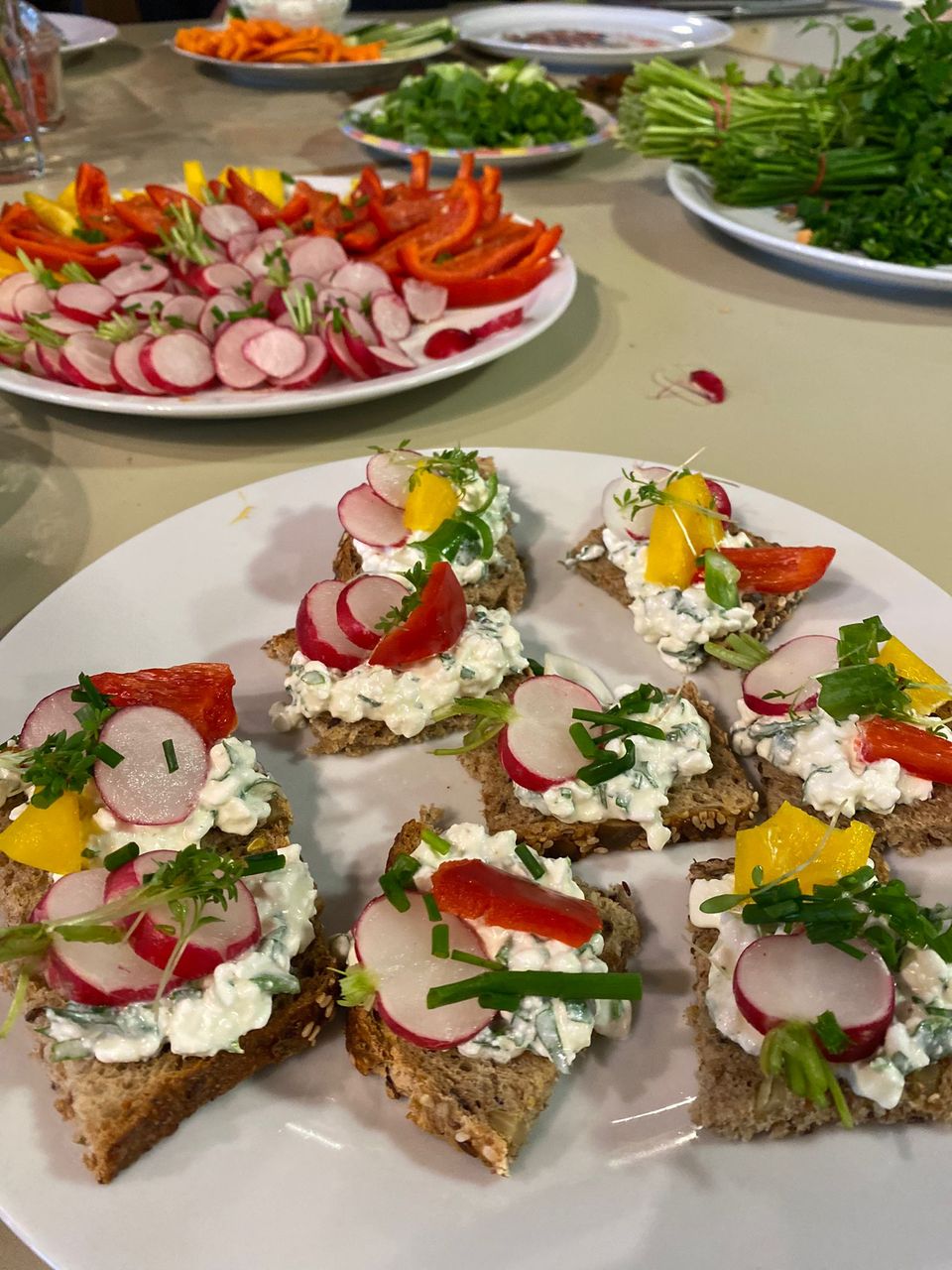 463750901_543880191672779_5832890542243818849_n Auf Tellern angerichtetes geschnittene Brotscheiben mit Kräuterquark und geschnittenem Gemüse.